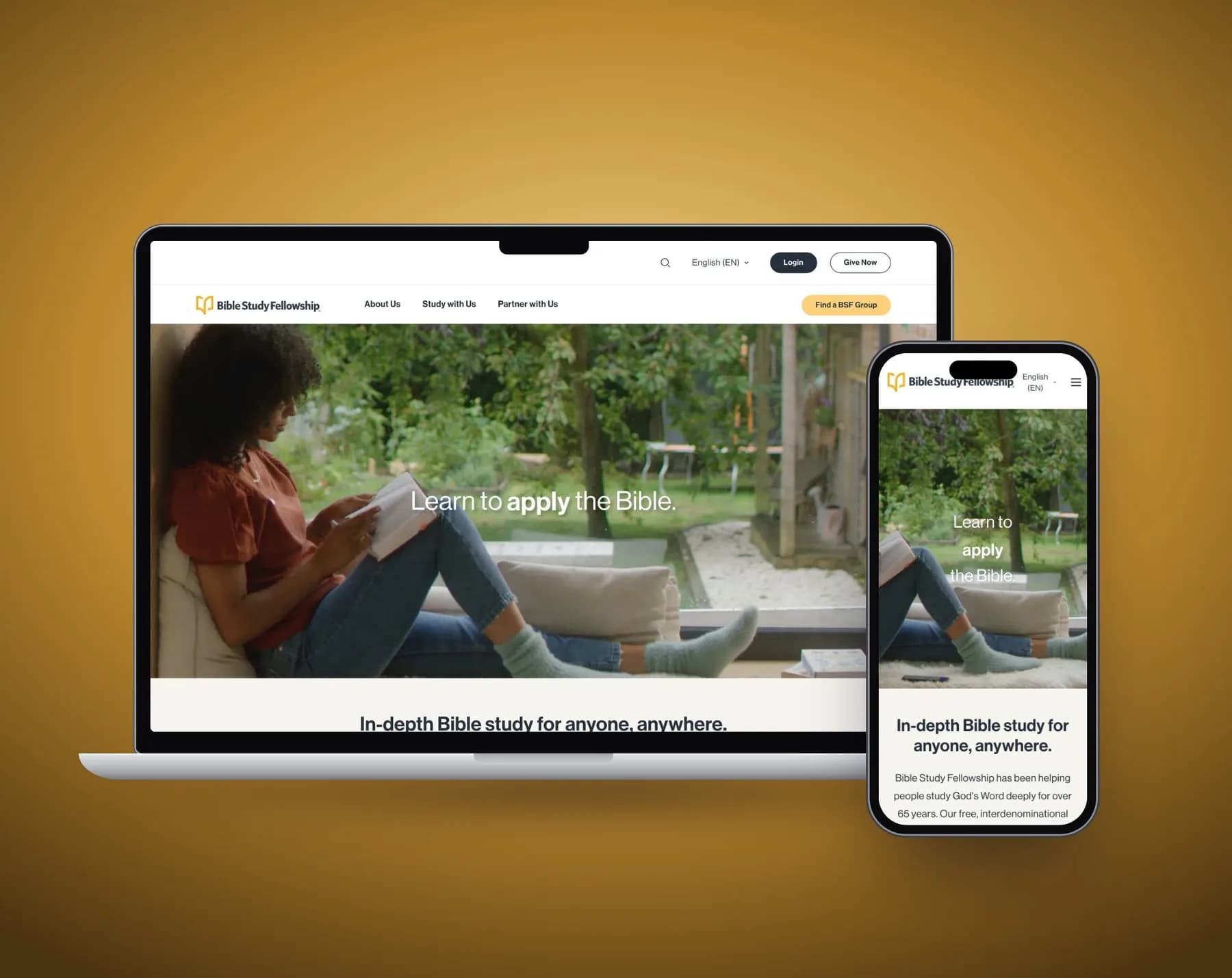 Bible Study Fellowship website on a laptop next to the mobile site