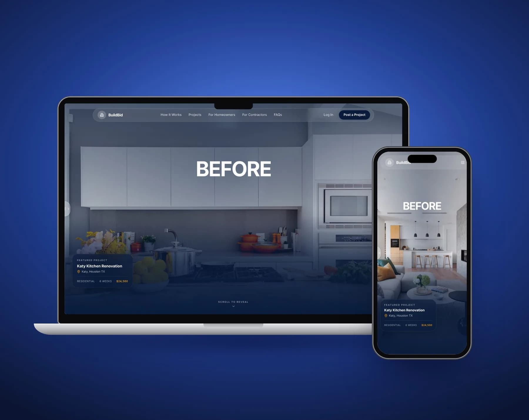 BuildBid marketplace on a laptop next to the mobile site