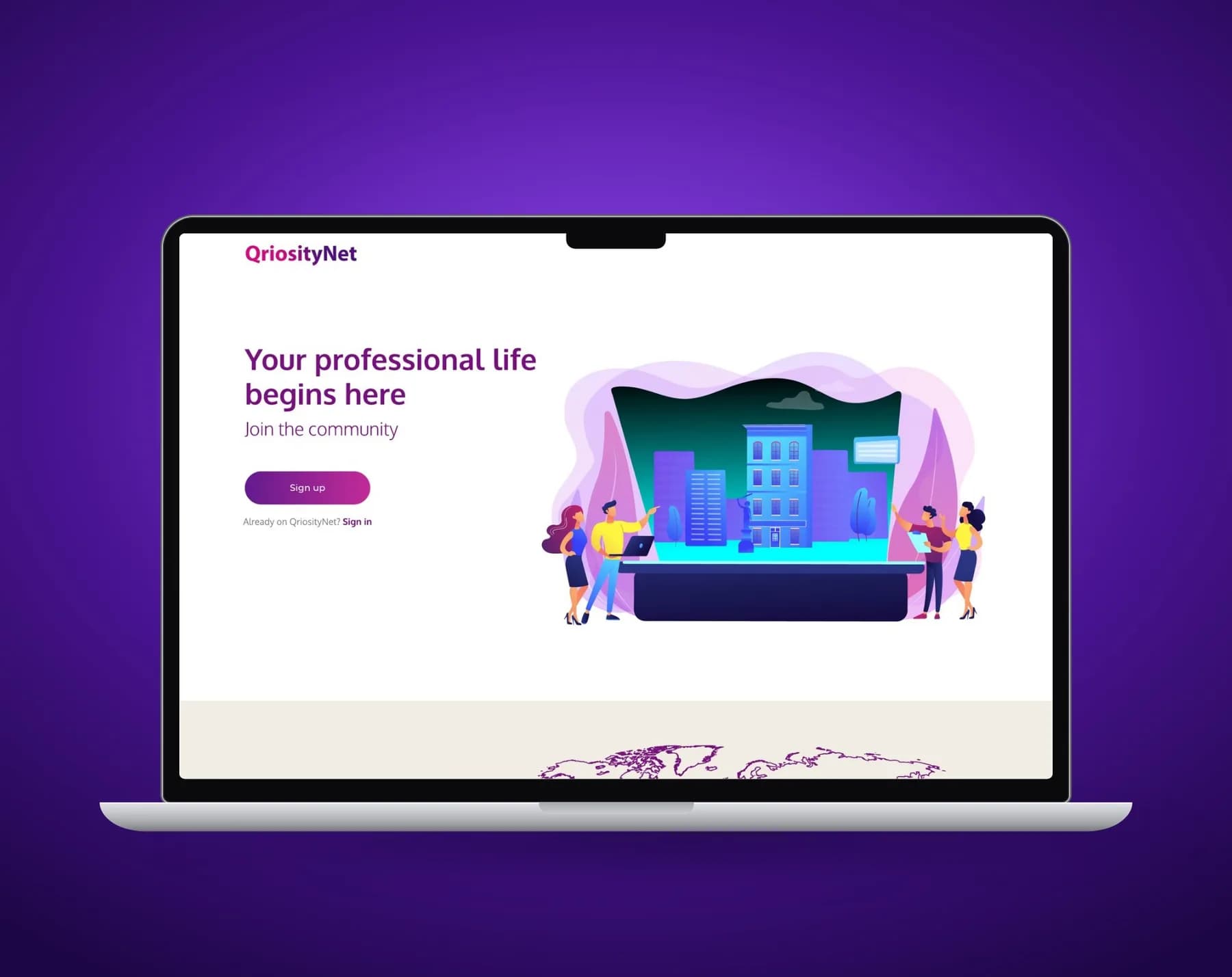 QriosityNet landing page on a laptop