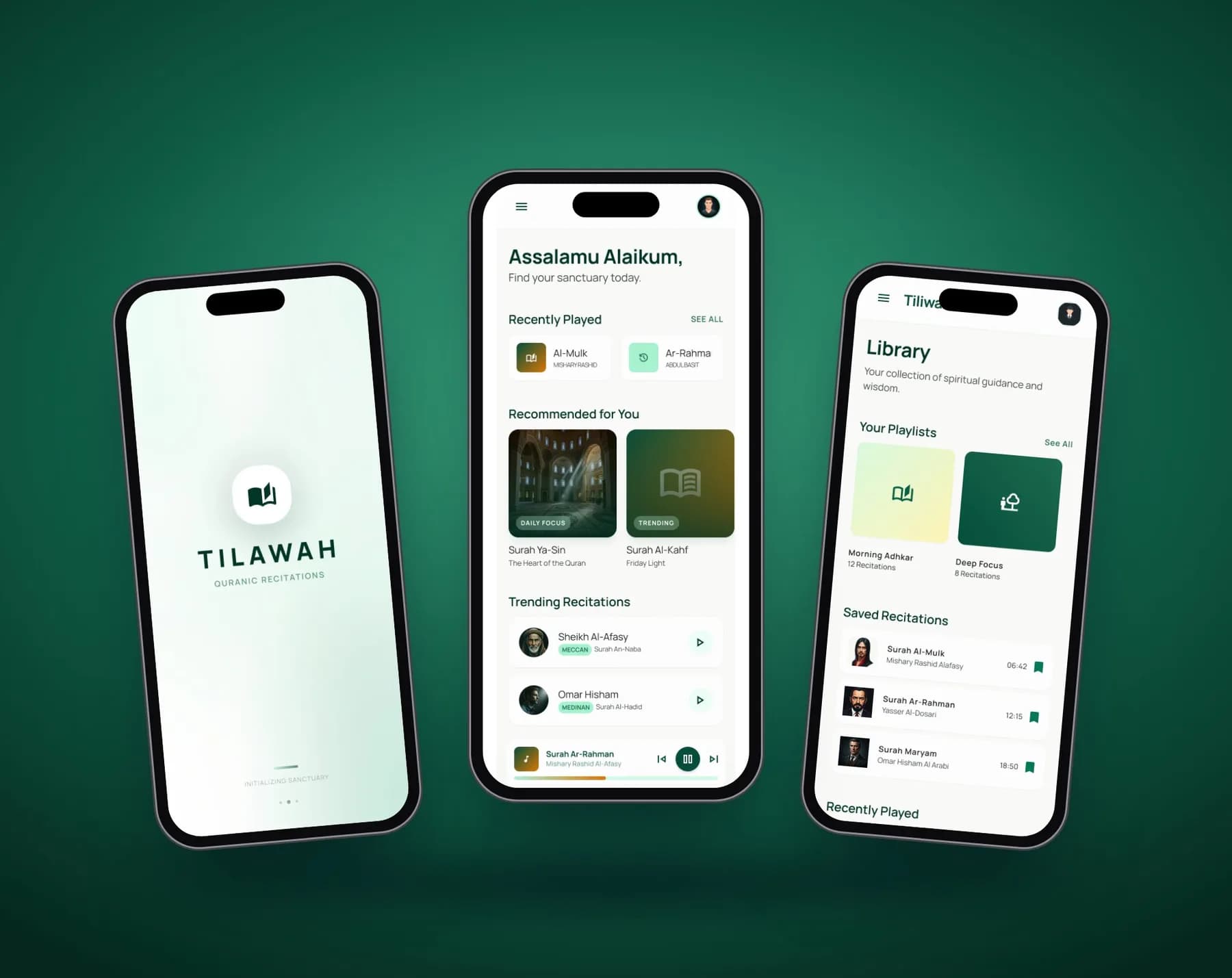Tilawat app screens: splash, home and library